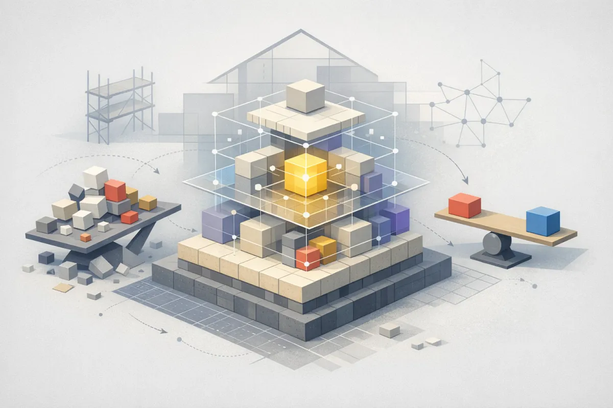 Isometric illustration of layered modular blocks with grid lines and connecting nodes, representing system architecture, construction, and structural connectivity