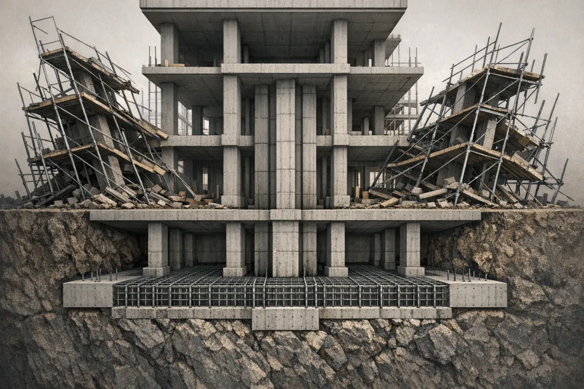 Concrete multi-story building under construction with visible support columns, steel reinforcement, and scaffolding structures on sloped ground