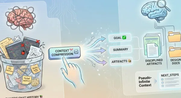 AI context compression infographic showing chaotic chat history transformation into disciplined artifacts for better memory management.