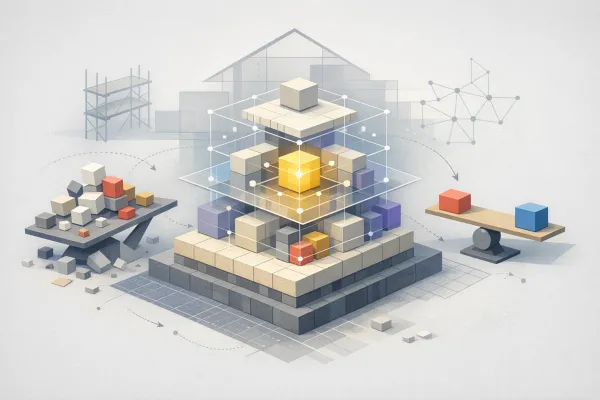 Isometric illustration of layered modular blocks with grid lines and connecting nodes, representing system architecture, construction, and structural connectivity