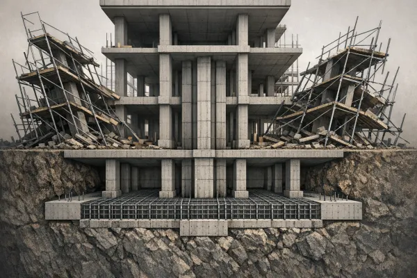 Concrete multi-story building under construction with visible support columns, steel reinforcement, and scaffolding structures on sloped ground