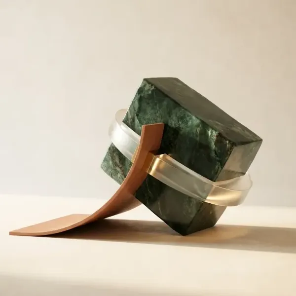 A geometric sculpture composed of a green marble block, a pink curved piece, and a translucent ring connecting them, arranged with a minimal background